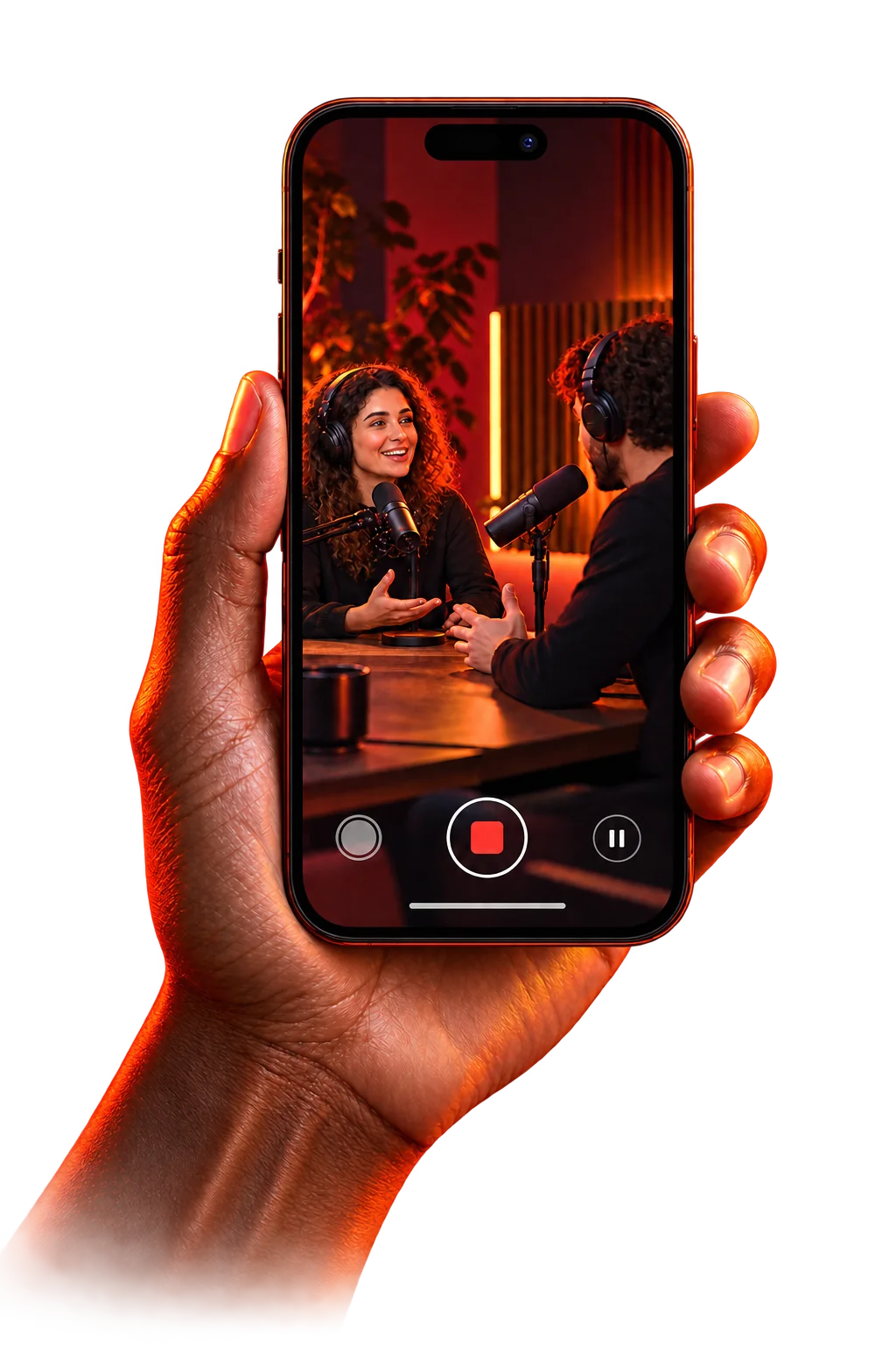 Una mano sostiene un móvil con una conversación de videopódcast en pantalla